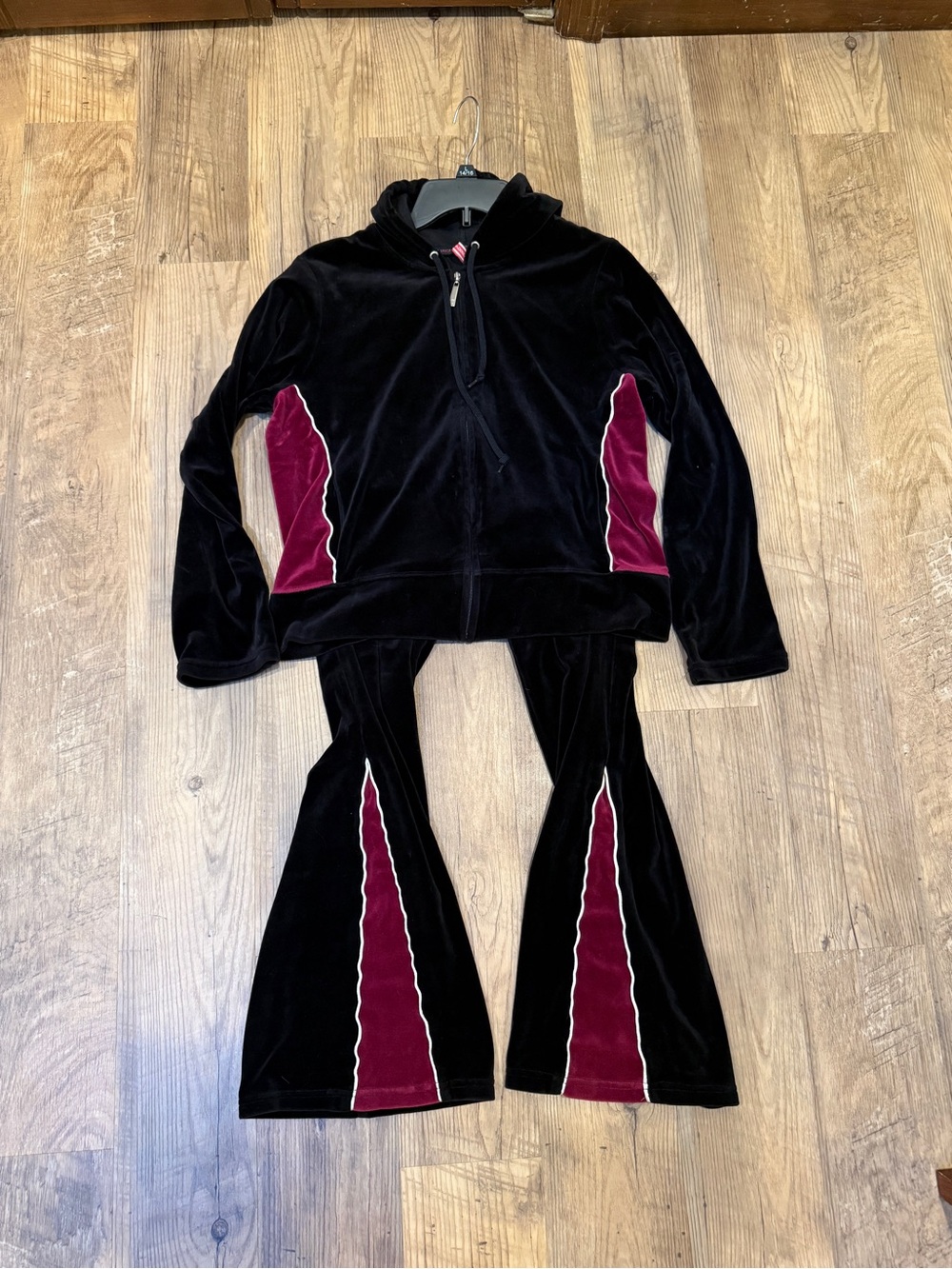 Gloria Vanderbilt Black Velour Hoodie & Burgundy Accent Flared Pants